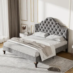 Gestoffeerd bed 140×200 met lattenbodem en hoofdbord, verstelbaar hoofdbord, voor volwassenen en tieners, grijs fluweel (140×200 cm)
