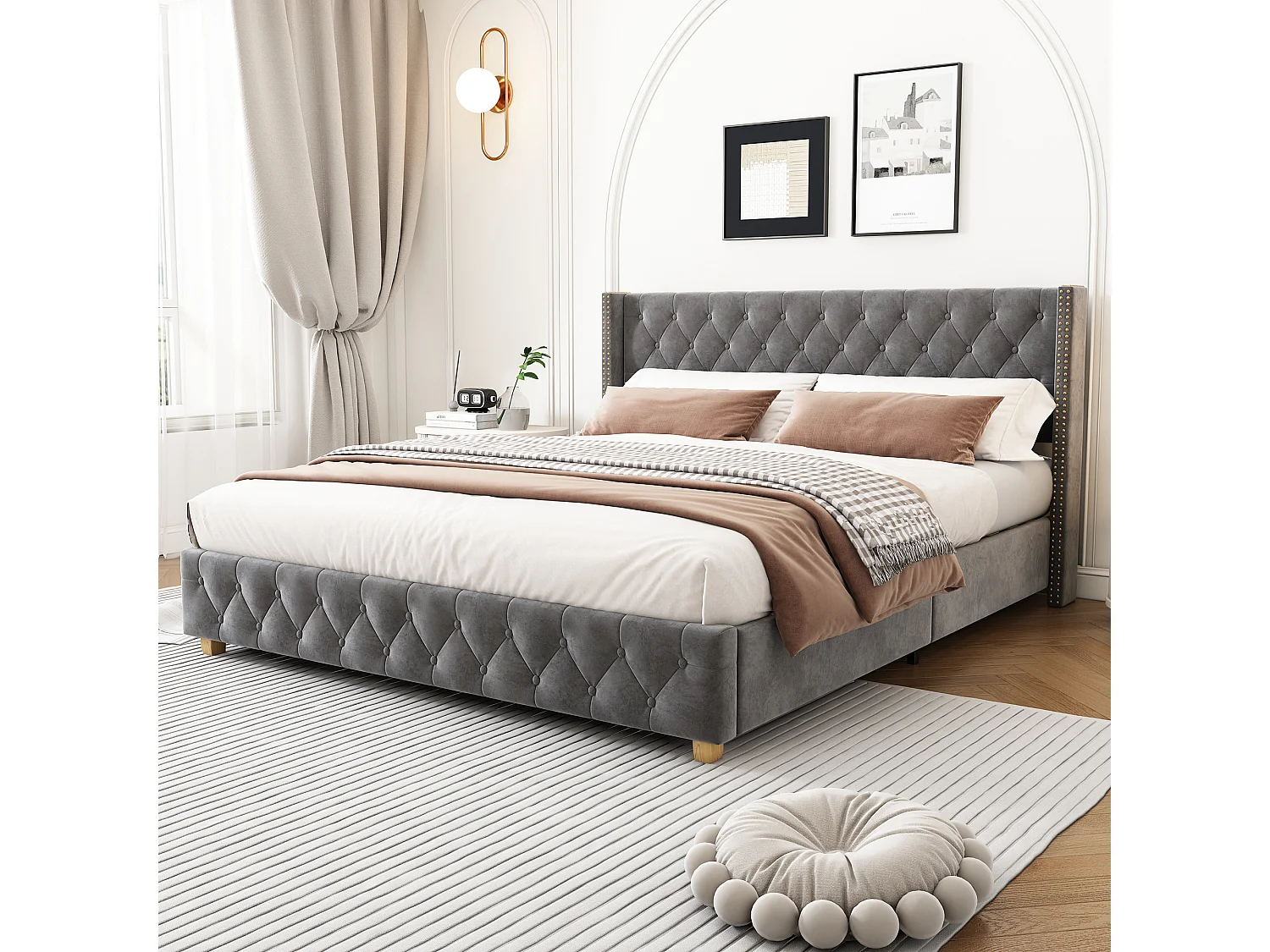 Gestoffeerd bed 140x190 cm met hoofdbord en lattenbodem, knopen, decoratieve nagels, houten poten, grijs fluweel (140x190x108 cm) ### Productdetails: