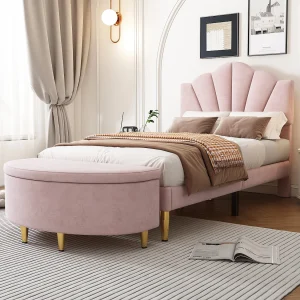 Gestoffeerd bed 90×200 cm, fluwelen hoofdeinde, gouden metalen poten, verstelbaar hoofdeinde, met opbergbank, beige (95x205x120/130 cm)