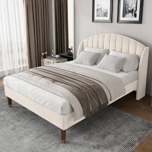 Gestoffeerd bed 160 x 200 met lattenbodem en hoofdbord, bed voor volwassenen en tieners, fluweel, beige (lengte x breedte x hoogte cm)