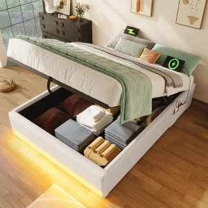 Gestoffeerd bed 90 x 200 cm, met afstandsbediening LED, USB en Type-C, kleine opbergvakken, zonder hoofdeinde, hydraulische opbergfunctie (203×91,5×32 cm)