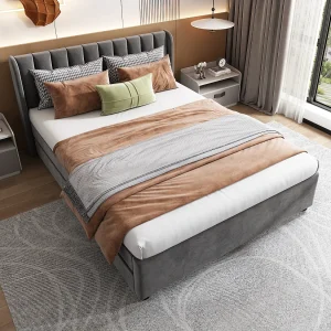 Gestoffeerd bed 140 x 200 cm met hoofdbord, lattenbodem en 2 lades, in grijs fluweel (140 x 200 cm) Gestoffeerd bed 140 x 200 cm met hoofdbord, lattenbodem en 2 lades, in grijs fluweel (140 x 200 cm)