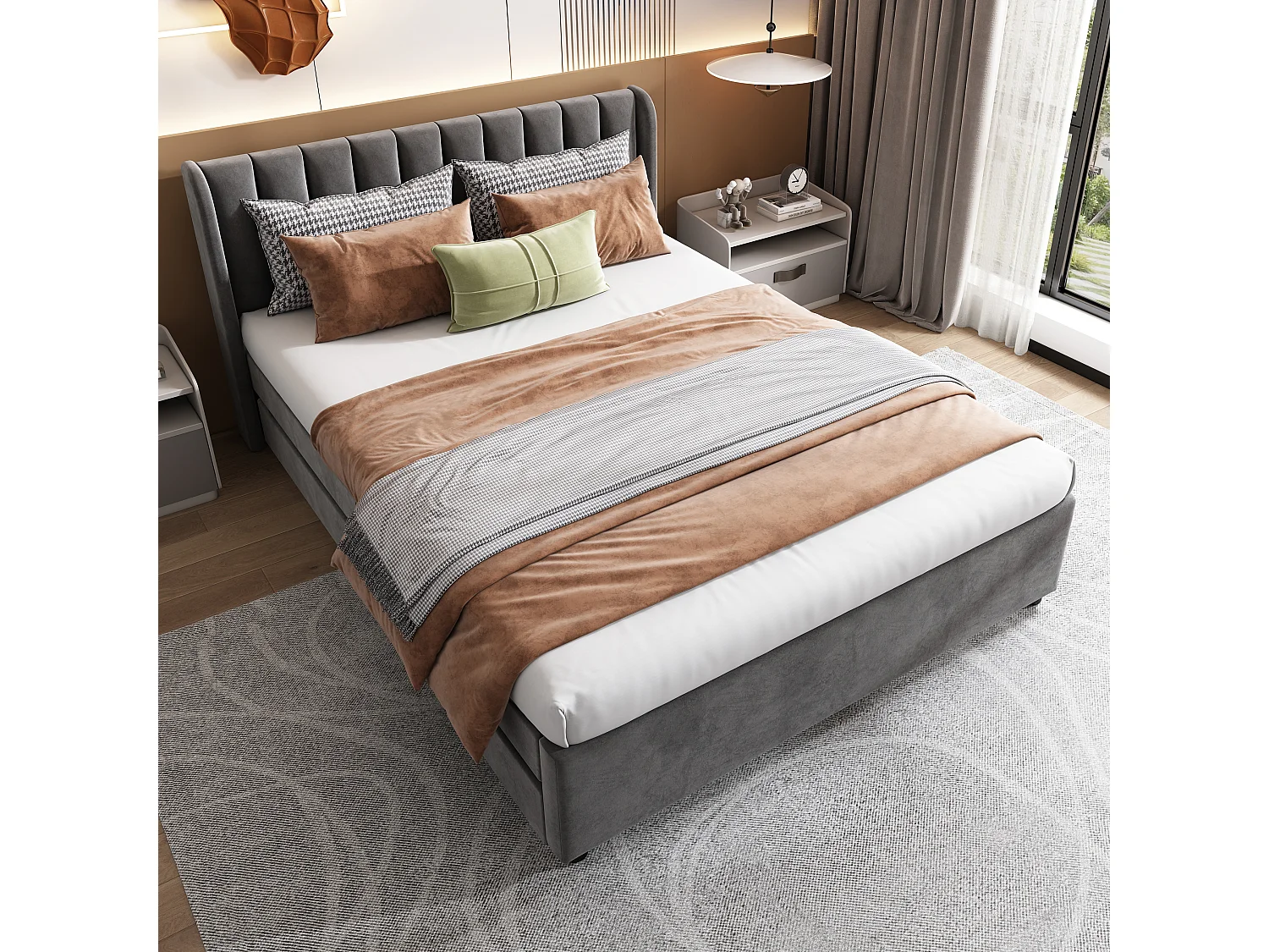 Gestoffeerd bed 140 x 200 cm met hoofdbord, lattenbodem en 2 lades, in grijs fluweel (140 x 200 cm)