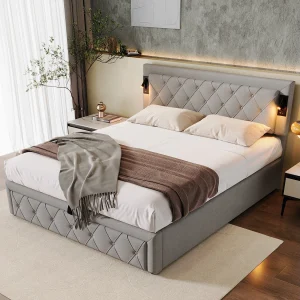 Gestoffeerd bed 160×200 cm, met Downlight, USB, LED, ruitvormig hoofdeinde en opbergruimte, grijs (zonder matras)
