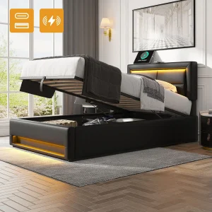 Gestoffeerd bed 90 x 200 cm met USB, LED en opbergruimte, PU lychee, zwart (90×200 cm)