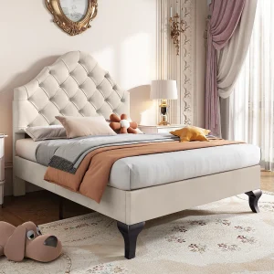 Gestoffeerd bed 90×200 cm met lattenbodem en verstelbaar hoofdeinde, voor volwassenen en tieners, fluweel, beige (90×200 cm)