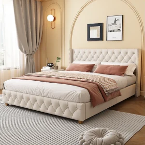 Gestoffeerd bed 140×190 cm, lattenbodem, met hoofdbord, knopen en klinknagels, houten poten, linnen, beige Gestoffeerd bed 140×190 cm, lattenbodem, met hoofdbord, knopen en klinknagels, houten poten, linnen, beige