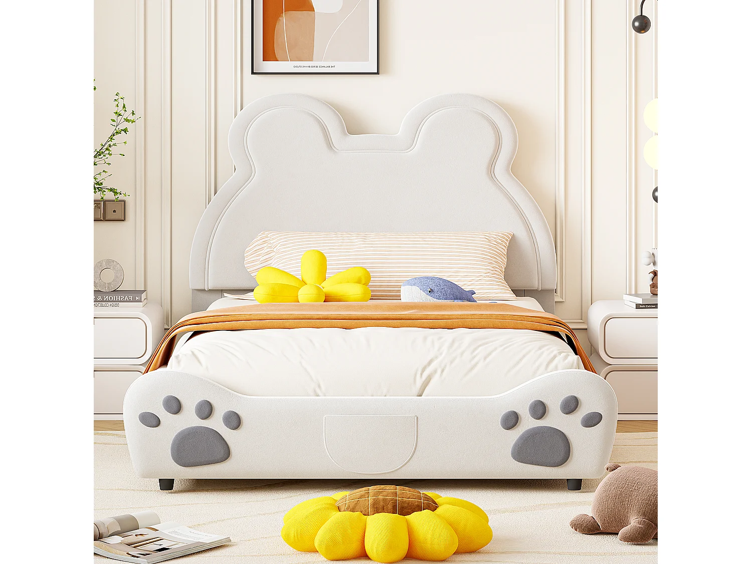 Gestoffeerd kinderbed in de vorm van een beer 140x200 cm, beige fluweel, speels en comfortabel design (210x140x103 cm)