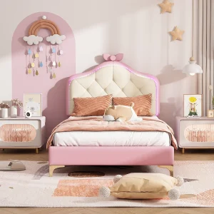 Gestoffeerd bed met wolkvormig hoofdeinde, multi-color LED's, 90×200 cm, fluweel, roze Gestoffeerd bed met wolkvormig hoofdeinde, multi-color LED's, 90×200 cm, fluweel, roze
