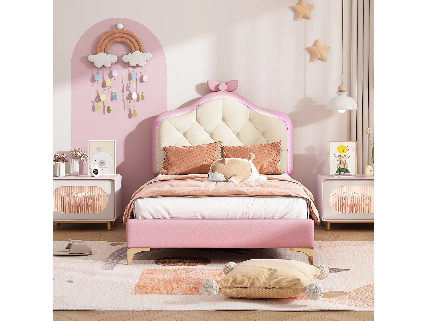 Gestoffeerd bed met wolkvormig hoofdeinde, multi-color LED's, 90x200 cm, fluweel, roze