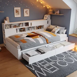 Hangbed 160×200 cm, LED, USB, hoofdbord met planken en opbergruimte, hydraulische opbergruimte, modern design, grijs linnen (212,3x160x110 cm) Hangbed 160×200 cm, LED, USB, hoofdbord met planken en opbergruimte, hydraulische opbergruimte, modern design, grijs linnen (212,3x160x110 cm)
