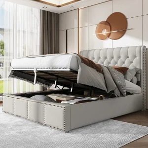 Gestoffeerd linnen-katoenen bed met hydraulische hendel, grote opbergdoos, met decoratieve spijkers, 140×190 cm (afmetingen: 188,6×27,94×20,32 cm) Gestoffeerd linnen-katoenen bed met hydraulische hendel, grote opbergdoos, met decoratieve spijkers, 140×190 cm (afmetingen: 188,6×27,94×20,32 cm)
