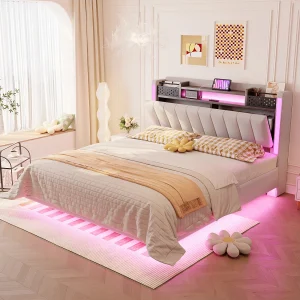 Gestoffeerd bed met LED, USB-aansluiting, opbergruimte in het hoofdeinde, beige linnen, zwevend design (222×145,5×111 cm)
