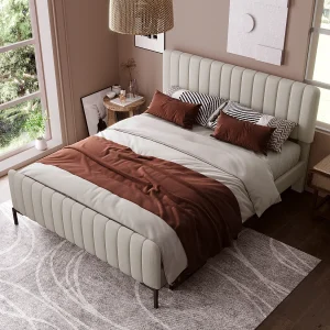 Gestoffeerd tweepersoonsbed met lattenbodem en verstelbaar hoofdeinde, linnen, grijsbeige (209x165x107cm) Gestoffeerd tweepersoonsbed met lattenbodem en verstelbaar hoofdeinde, linnen, grijsbeige (209x165x107cm)
