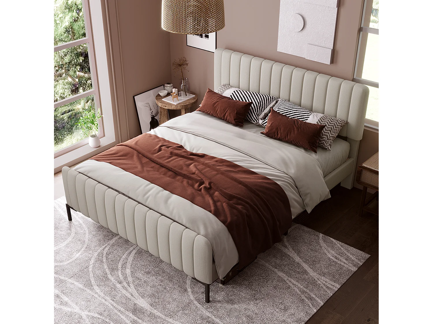 Gestoffeerd tweepersoonsbed met lattenbodem en verstelbaar hoofdeinde, linnen, grijsbeige (209x165x107cm)