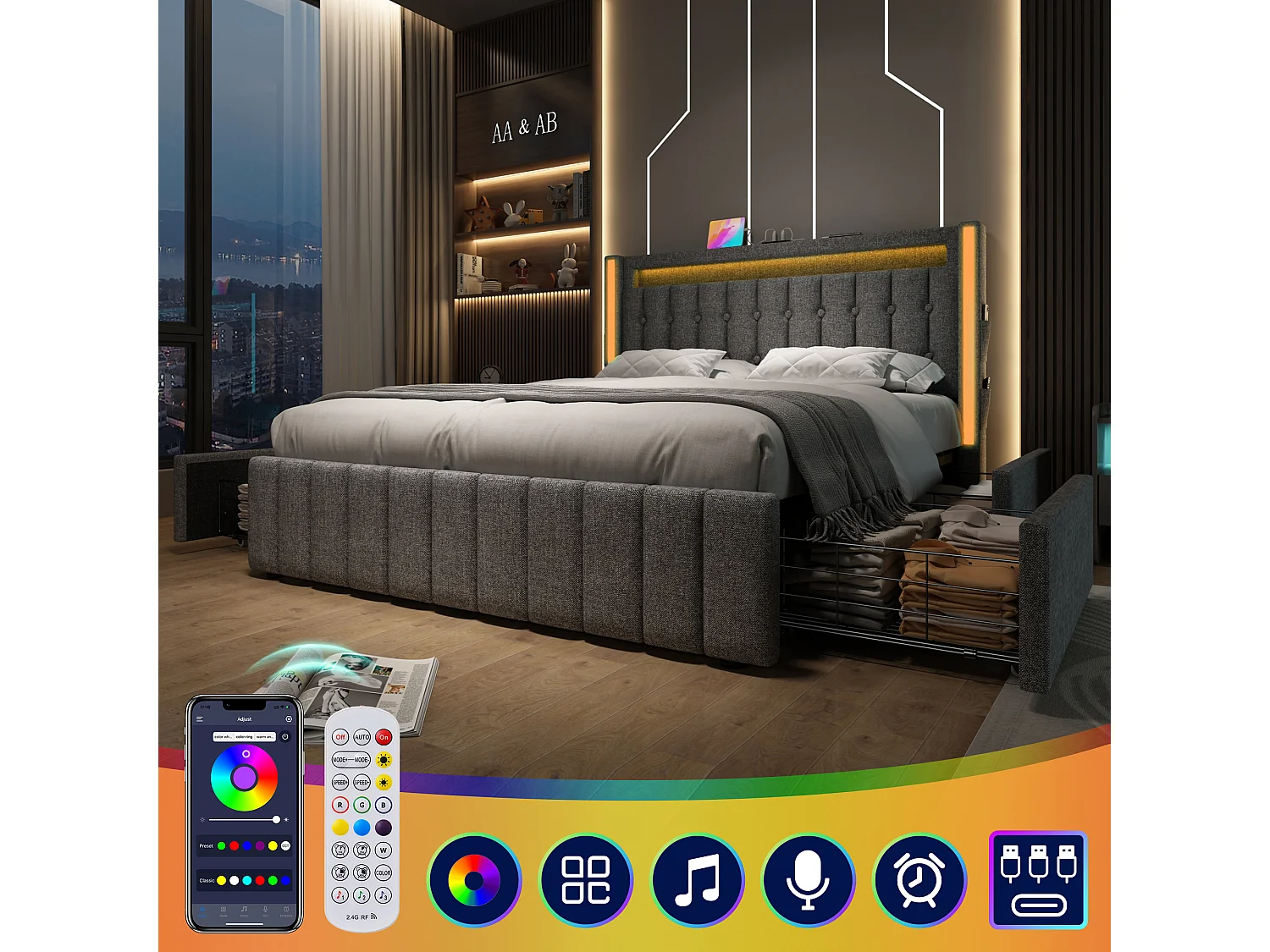 Gestoffeerd bed met USB Type-C-oplader, ledverlichting, 4 opberglades, grijs linnen (149x209x104cm)