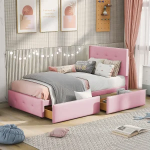 Gestoffeerd bed 90×200 cm met lades en hoofdbord, zacht beige/roze fluweel, eenpersoonsbed voor kinderen en tieners (208,5x97x100 cm)