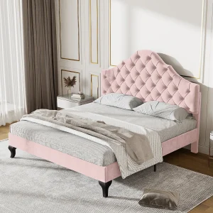 Gestoffeerd bed 140190 met lattenbodem en verstelbaar hoofdeinde, voor volwassenen en tieners, fluweel, roze (140×190 cm) Gestoffeerd bed 140190 met lattenbodem en verstelbaar hoofdeinde, voor volwassenen en tieners, fluweel, roze (140×190 cm)