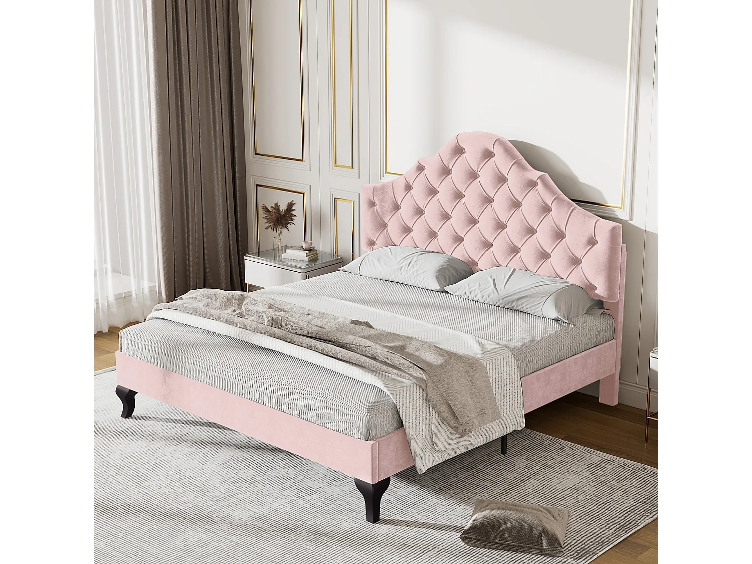 Gestoffeerd bed 140190 met lattenbodem en verstelbaar hoofdeinde, voor volwassenen en tieners, fluweel, roze (140x190 cm)