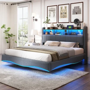 Hangbed 160×200 cm, LED, USB, hoofdbord met planken en opbergruimte, hydraulische opbergruimte, modern design, grijs linnen (212,3x160x110 cm) Hangbed 160×200 cm, LED, USB, hoofdbord met planken en opbergruimte, hydraulische opbergruimte, modern design, grijs linnen (212,3x160x110 cm)