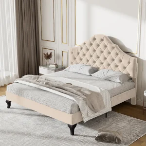 Gestoffeerd bed 140 x 190 met lattenbodem en verstelbaar hoofdeinde, voor volwassenen en tieners, fluweel, beige (lengte x breedte x hoogte cm) Gestoffeerd bed 140 x 190 met lattenbodem en verstelbaar hoofdeinde, voor volwassenen en tieners, fluweel, beige (lengte x breedte x hoogte cm)