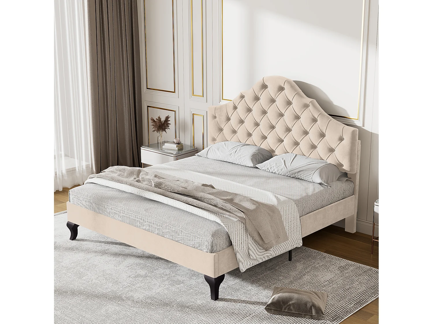 Gestoffeerd bed 140 x 190 met lattenbodem en verstelbaar hoofdeinde, voor volwassenen en tieners, fluweel, beige (lengte x breedte x hoogte cm)
