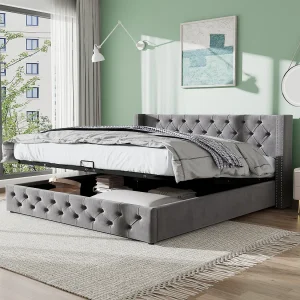 Gestoffeerd bed in de vorm van een kussen, dubbele rij klinknagels, flanel, hydraulische functie, 140190 cm, met opbergruimte, grijs Gestoffeerd bed in de vorm van een kussen, dubbele rij klinknagels, flanel, hydraulische functie, 140190 cm, met opbergruimte, grijs