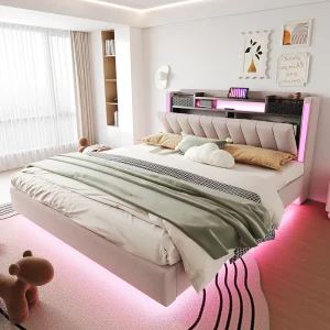 Gestoffeerd bed met LED, USB-aansluiting, opbergruimte in het hoofdeinde, beige linnen, zwevend design (222,5×165,5×111 cm)