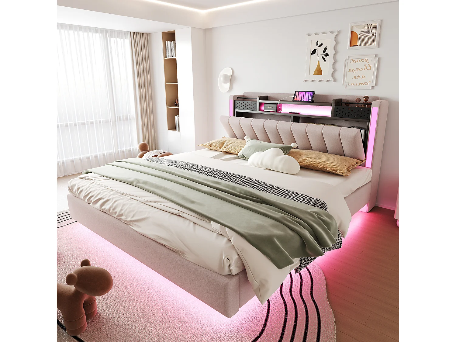 Gestoffeerd bed met LED, USB-aansluiting, opbergruimte in het hoofdeinde, beige linnen, zwevend design (222,5x165,5x111 cm)