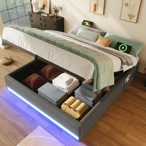 Gestoffeerd bed 140 x 200 cm, met afstandsbediening LED, USB en Type-C, kleine opbergvakken, zonder hoofdeinde, hydraulische opbergfunctie (203×141,5×32 cm) Gestoffeerd bed 140 x 200 cm, met afstandsbediening LED, USB en Type-C, kleine opbergvakken, zonder hoofdeinde, hydraulische opbergfunctie (203×141,5×32 cm)