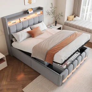 Gestoffeerd bed 140×200 cm met LED, USB-aansluiting, geïntegreerde opbergruimte en hydraulisch systeem, lichtgrijze linnen stof (225x152x115 cm)