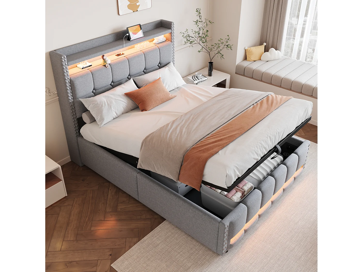 Gestoffeerd bed 140x200 cm met LED, USB-aansluiting, geïntegreerde opbergruimte en hydraulisch systeem, lichtgrijze linnen stof (225x152x115 cm)