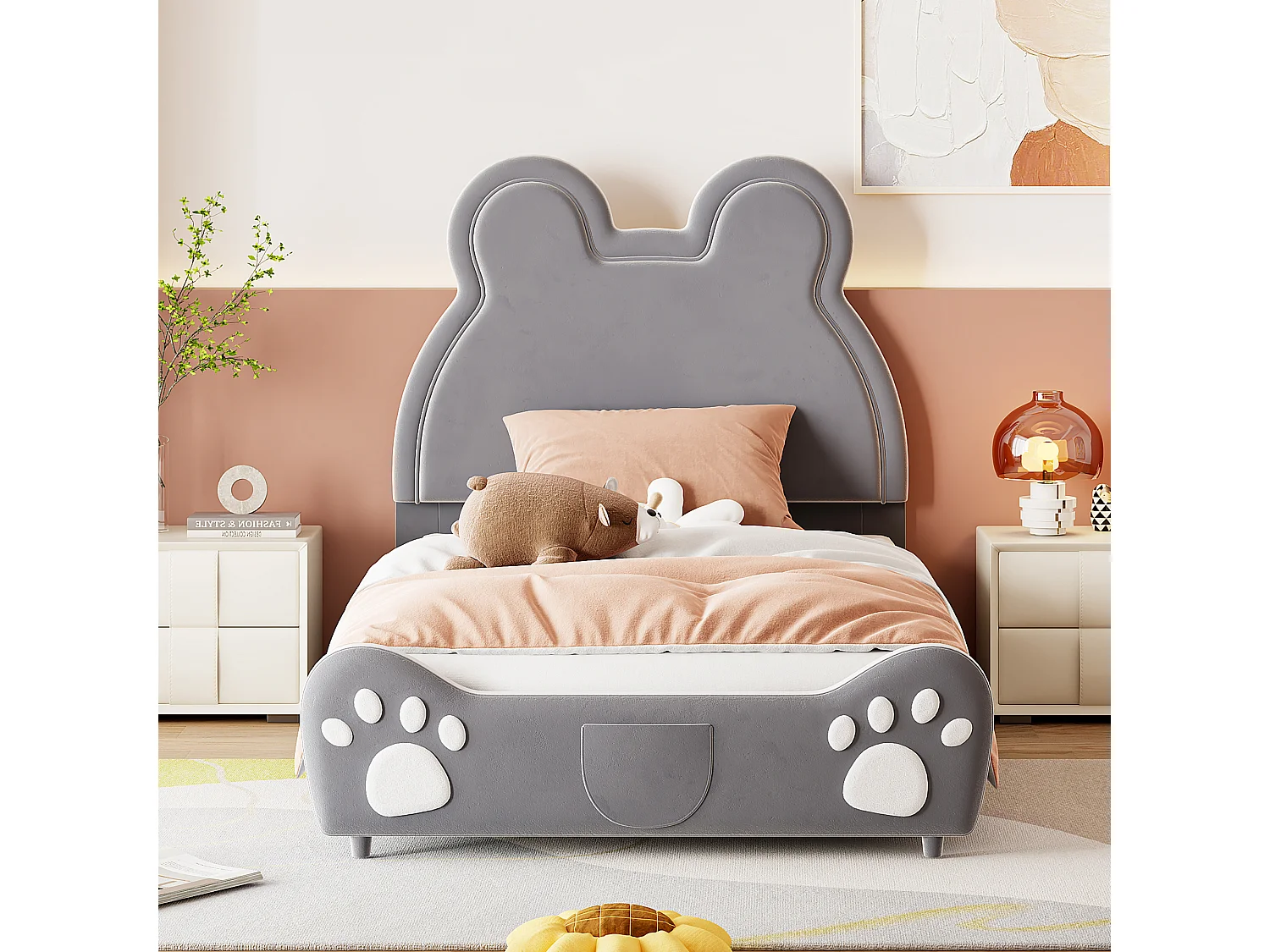 Gestoffeerd kinderbed in de vorm van een beer, grijs fluweel, comfortabel en leuk (210x90x103 cm)