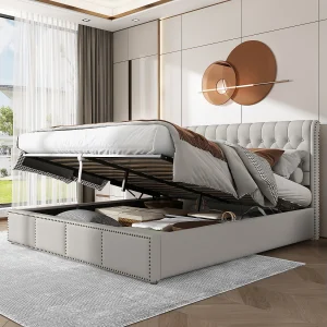 Gestoffeerd bed in linnen-katoen, met lattenbodem en hoofdbord, opbergruimte met hydropomp, decoratieve spijkers, 180×200 cm, lichtgrijs (zonder matras) Gestoffeerd bed in linnen-katoen, met lattenbodem en hoofdbord, opbergruimte met hydropomp, decoratieve spijkers, 180×200 cm, lichtgrijs (zonder matras)