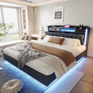 Gestoffeerd bed met LED, USB-aansluiting, opbergruimte in het hoofdeinde, grijs linnen, zwevend design (222,5×165,5×111 cm)