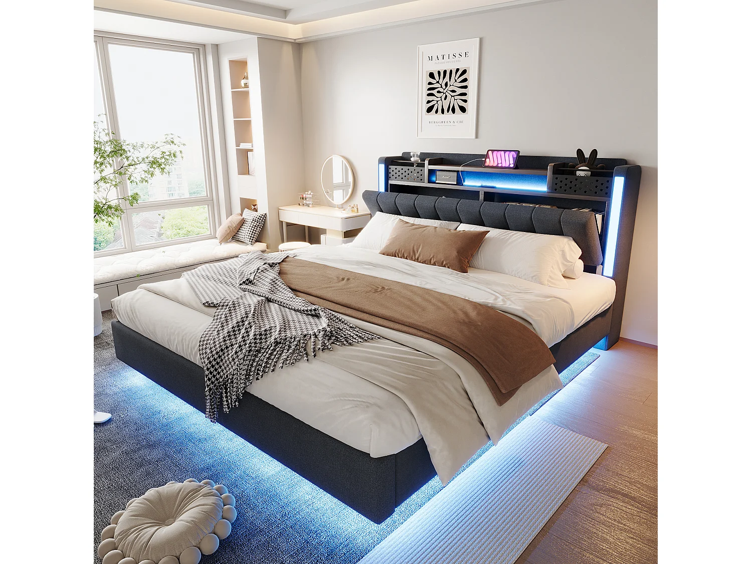 Gestoffeerd bed met LED, USB-aansluiting, opbergruimte in het hoofdeinde, grijs linnen, zwevend design (222,5x165,5x111 cm)