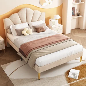 Gestoffeerd fluwelen bed, verstelbaar hoofdeinde, beige, met gouden poten (140×200 cm) Gestoffeerd fluwelen bed, verstelbaar hoofdeinde, beige, met gouden poten (140×200 cm)