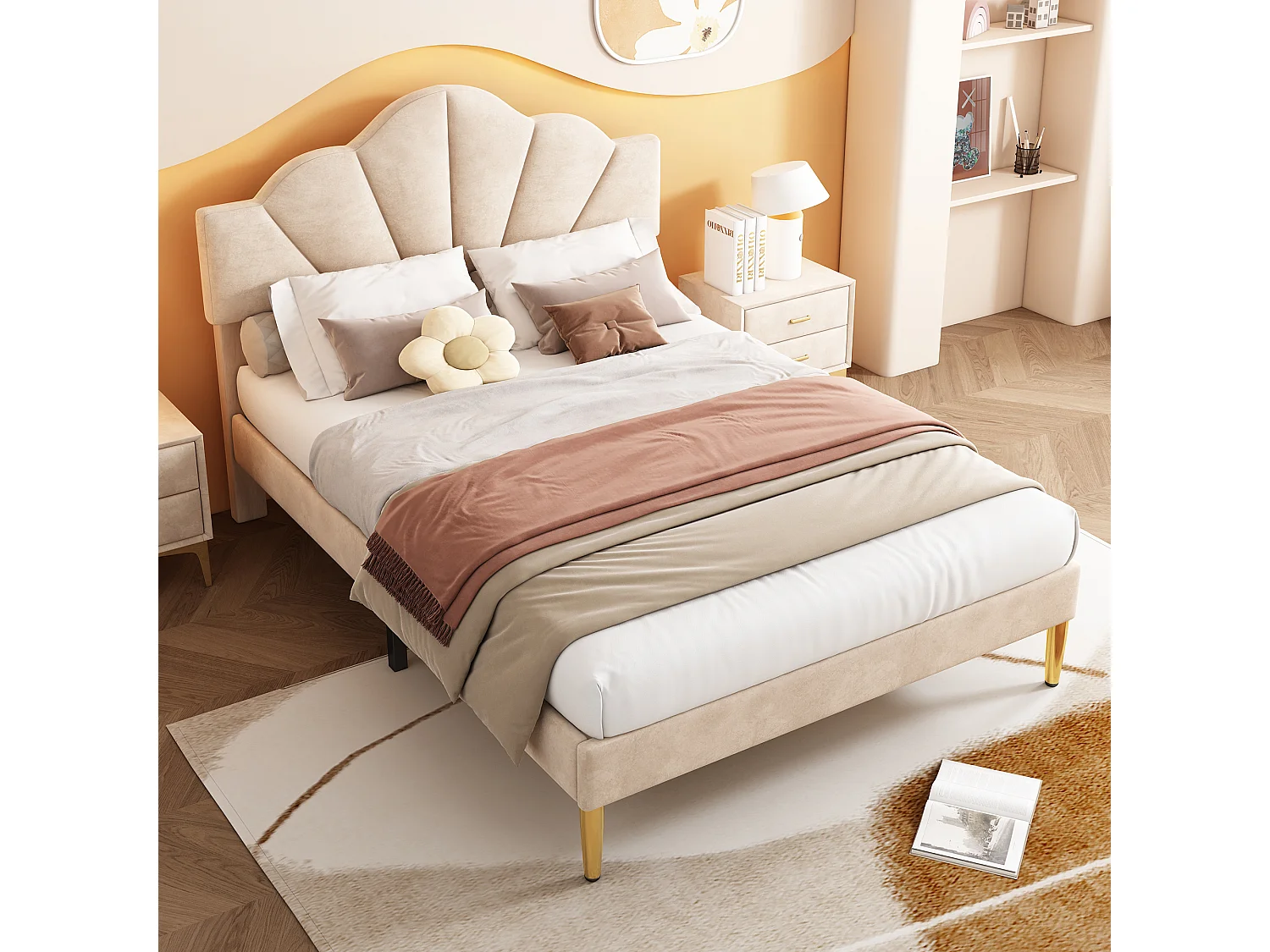 Gestoffeerd fluwelen bed, verstelbaar hoofdeinde, beige, met gouden poten (140x200 cm)