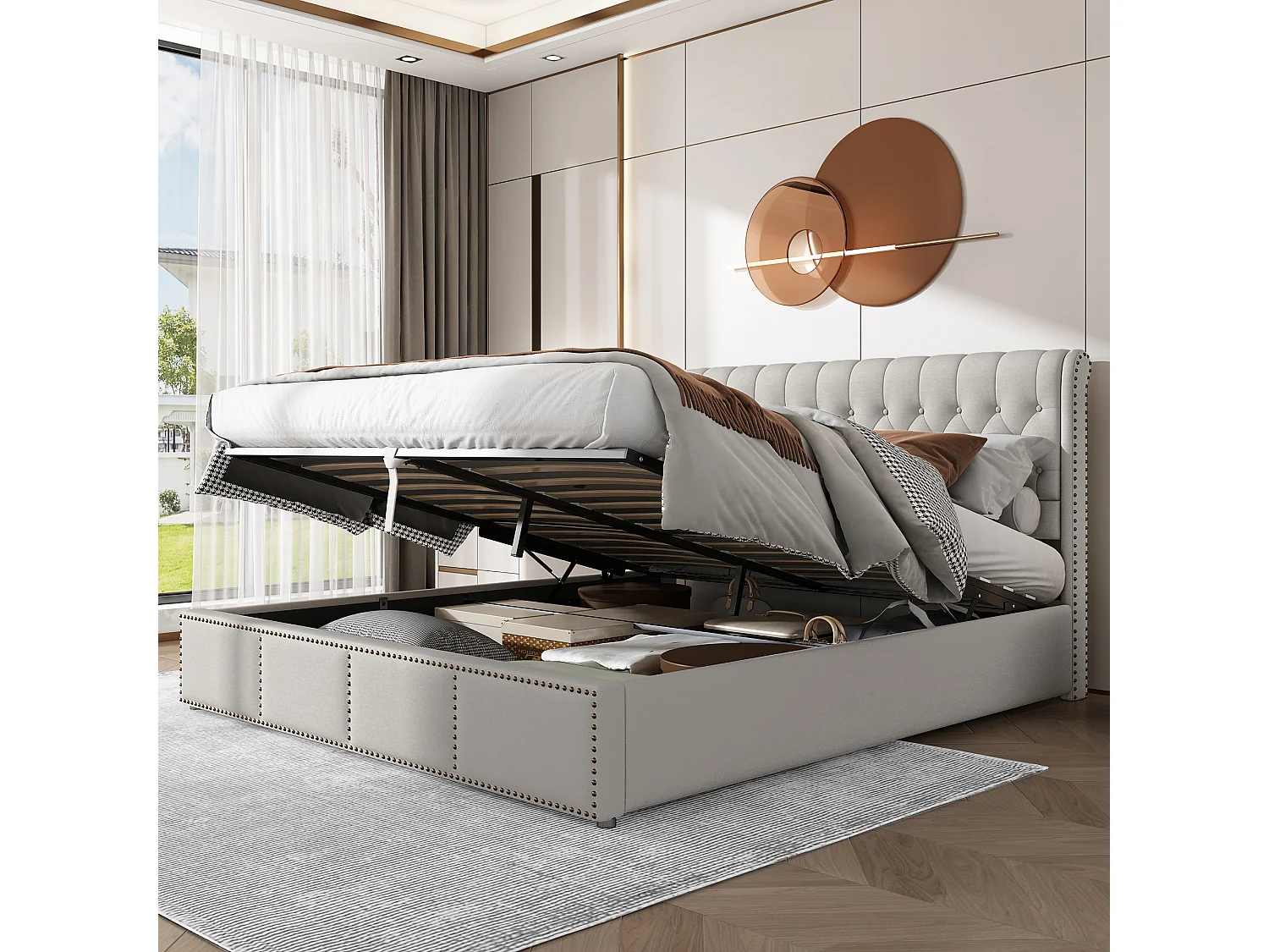 Gestoffeerd bed in katoen-linnen, met hydraulische hendel, opbergvak, decor met studs, 160 x 200 cm, zonder matras, lichtgrijs
