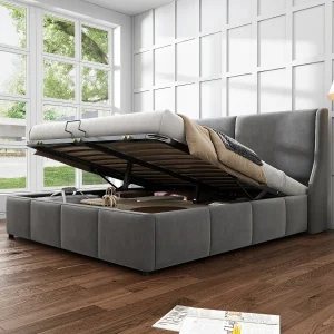 Gestoffeerd bed 140 x 200 cm met verstelbaar hoofdeinde, geïntegreerde opbergruimte, 2 lades, in grijs fluweel (140 x 200 cm) Gestoffeerd bed 140 x 200 cm met verstelbaar hoofdeinde, geïntegreerde opbergruimte, 2 lades, in grijs fluweel (140 x 200 cm)