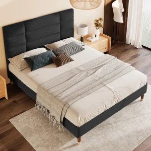 Gestoffeerd tweepersoonsbed met lattenbodem, dik hoofdeinde, zwart linnen, massief houten frame (141x209x101cm) Gestoffeerd tweepersoonsbed met lattenbodem, dik hoofdeinde, zwart linnen, massief houten frame (141x209x101cm)