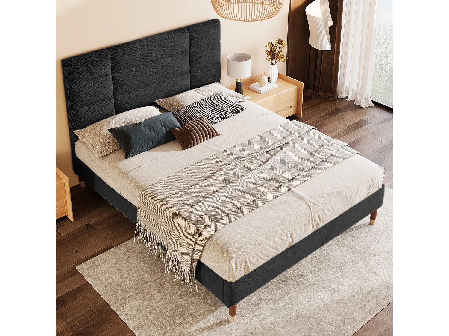 Gestoffeerd tweepersoonsbed met lattenbodem, dik hoofdeinde, zwart linnen, massief houten frame (141x209x101cm)