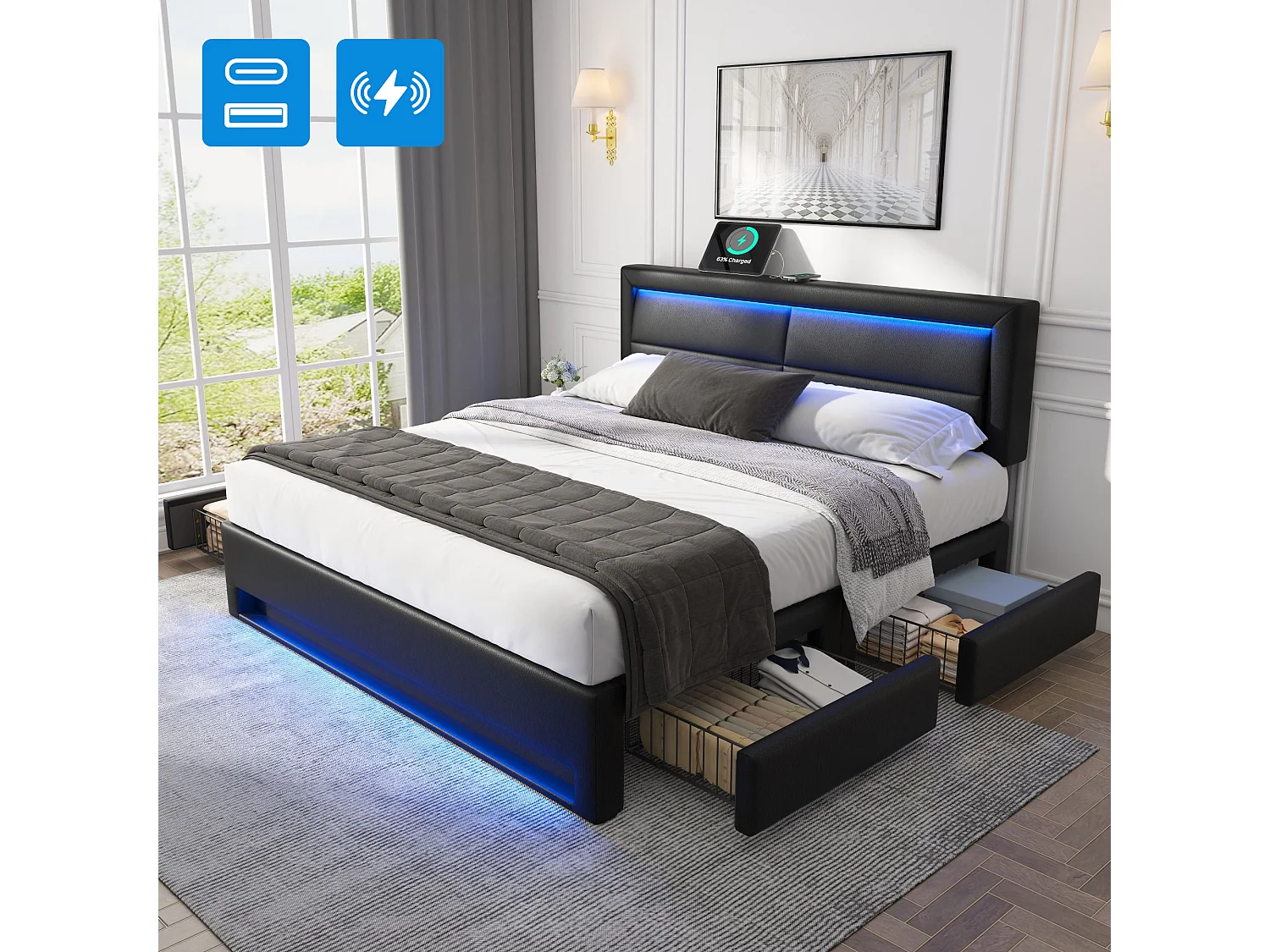 Gestoffeerd bed 140 x 190 cm met USB-aansluiting, LED-verlichting en 4 opberglades, PU lychee, zwart (140x190 cm)