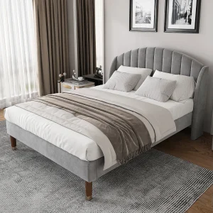Gestoffeerd bed 160 x 200 met lattenbodem en hoofdbord, bed voor volwassenen en tieners, fluweel, grijs (lengte x breedte x hoogte cm)