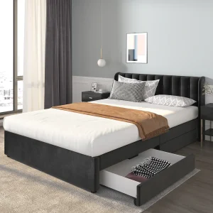 Gestoffeerd bed 140×200 cm met lattenbodem en hoofdbord, 2 opberglades, PU, grijs