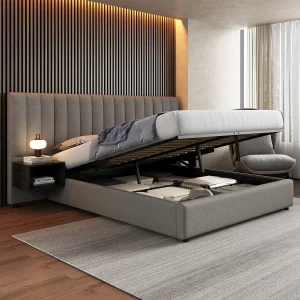 Gestoffeerd bed 160 x 200 cm met USB, LED-verlichting en 2 nachtkastjes met opbergruimte, PU-linnen, grijs + zwart (160×200 cm) Gestoffeerd bed 160 x 200 cm met USB, LED-verlichting en 2 nachtkastjes met opbergruimte, PU-linnen, grijs + zwart (160×200 cm)