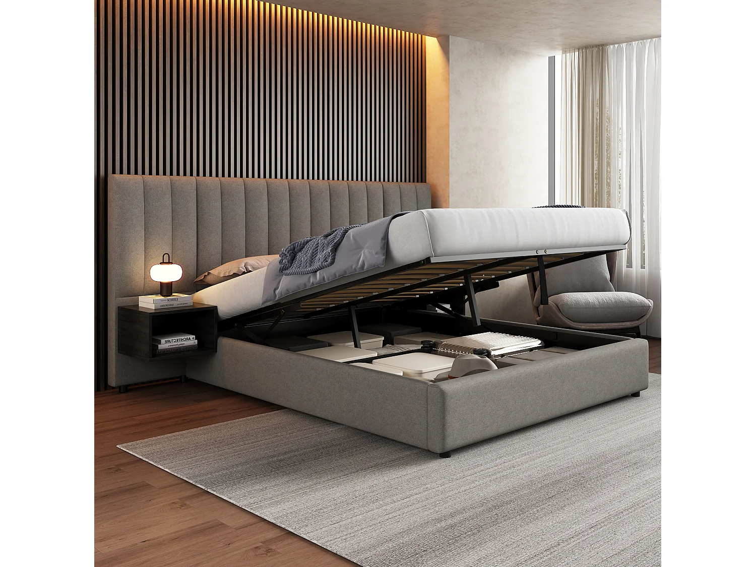 Gestoffeerd bed 160 x 200 cm met USB, LED-verlichting en 2 nachtkastjes met opbergruimte, PU-linnen, grijs + zwart (160x200 cm)