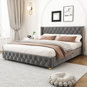 Gestoffeerd bed 160×200 cm met hoofdbord en lattenbodem, knopen, decoratieve nagels, houten poten, grijs fluweel (160x200x108 cm) ### Productdetails: