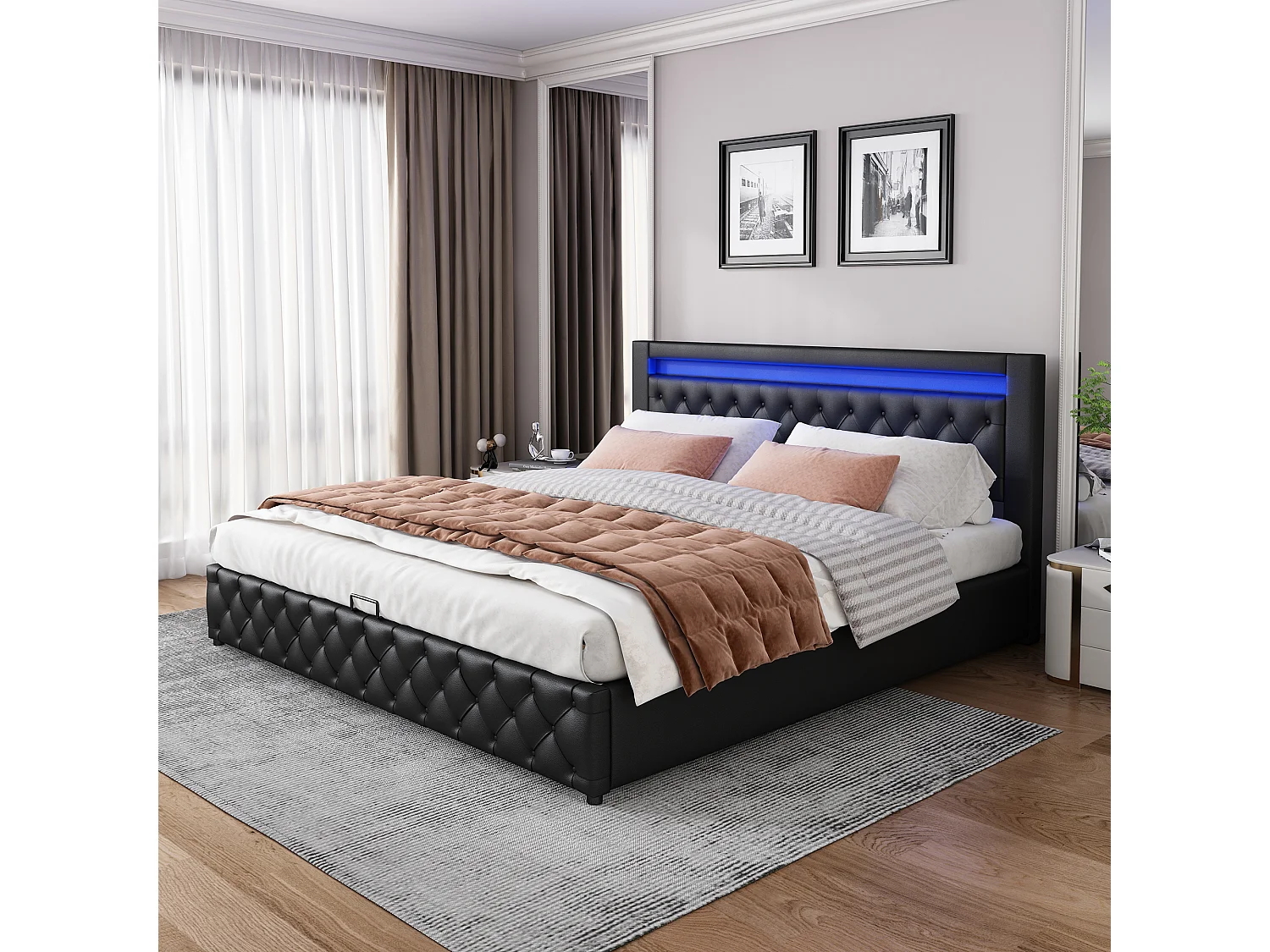 Gestoffeerd bed 140x200 cm, functioneel bed met lattenbodem en opbergruimte, LED-verlichting, zwart, PU (zonder matras)
