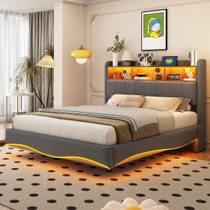 Hangbed 140×200 cm met LED en USB & Type-C aansluitingen, in linnen, modern design met opbergruimte (211,5x140x110,5 cm) Hangbed 140×200 cm met LED en USB & Type-C aansluitingen, in linnen, modern design met opbergruimte (211,5x140x110,5 cm)